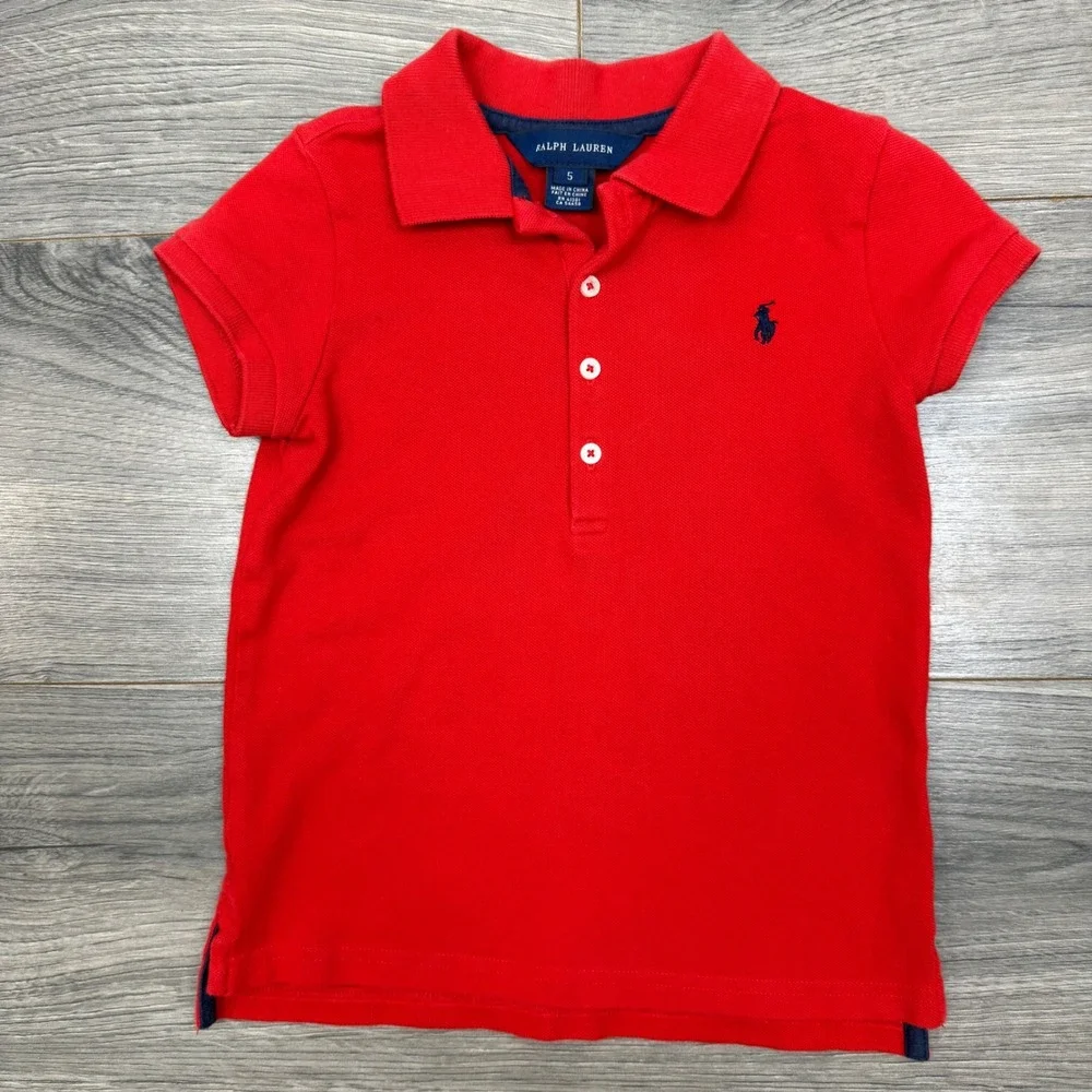 Kids Ralph Lauren‎ Red Short Sleeve Polo Shirt Navy Embroidered Pony Logo Size 5